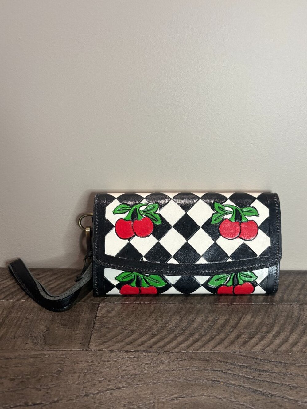 Handcrafted Hand Painted Leather Cherry Wallet Black White Checkered